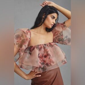Anthropologie DOLAN Tiered Organza Floral Chiffon Off-Shoulder Top